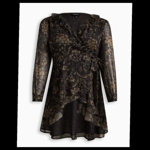 Tunic Chiffon Layered Tie Front Surplice Tunic Whimsy Goth Black/Gold Sz 12●